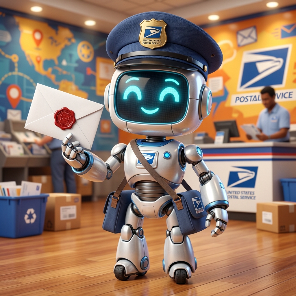 PostBot the AI Mailroom Robot in Postal Hat